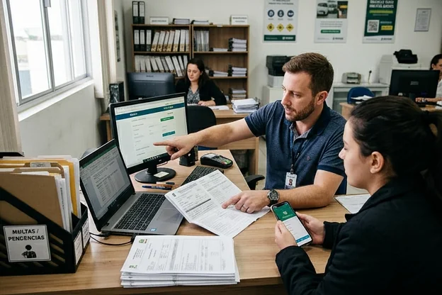 Profissional revisando multas e orientando sobre pagamentos rápidos em Chapecó.